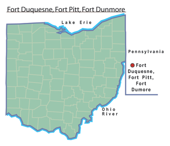 Map of Fort Duquesne, Fort Pitt, and Fort Dunmore.